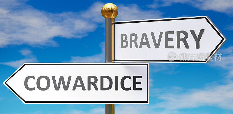 懦弱和勇敢是生活中不同的选择——用“懦弱”和“勇敢”这两个词来描绘，路标指向相反的方向，表明它们是可以选择的。, 3 d演示